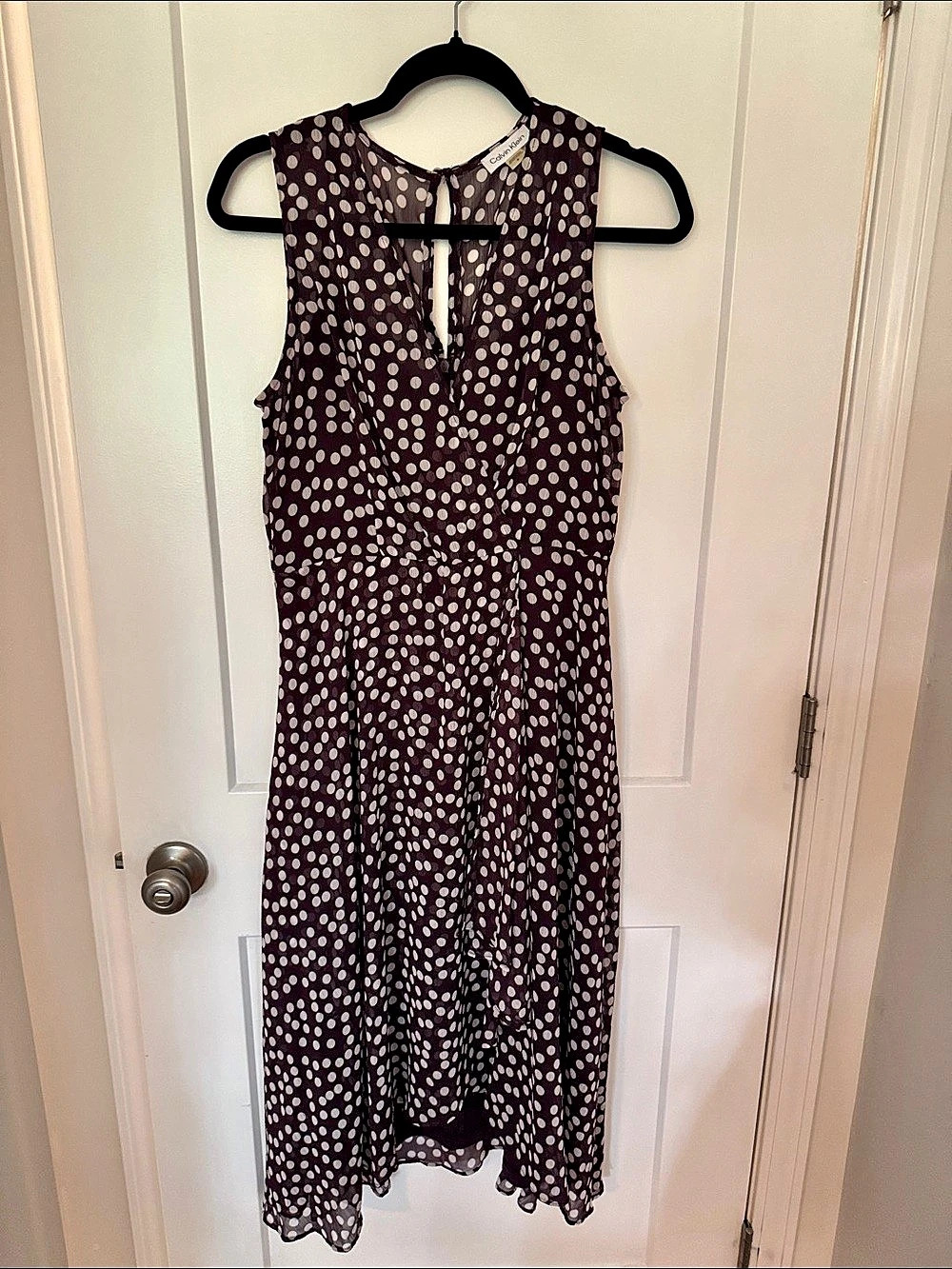Calvin Klein Polka Dot Sleeveless Midi Dress in Purple & White
